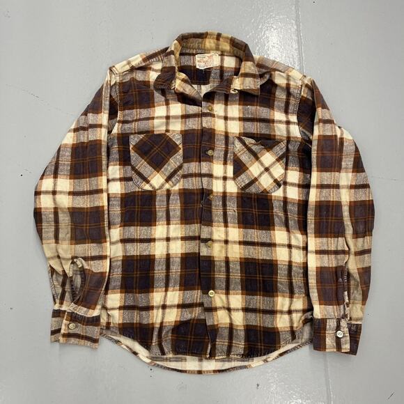 Vintage 60s Sportsman Brown Plaid Cotton Flannel Loop Collar - Picture 1 of 4